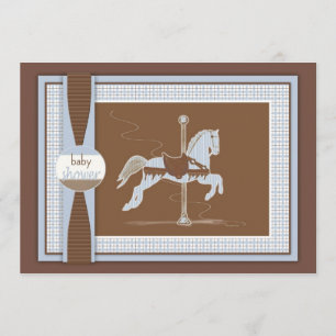 Blue Plaid Carousel Horse Baby Shower Invitation