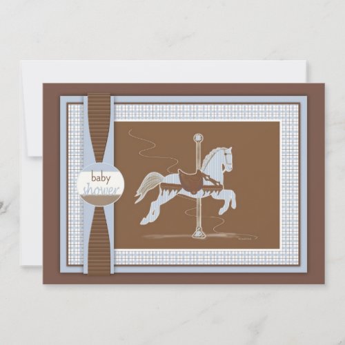 Blue Plaid Carousel Horse Baby Shower Invitation