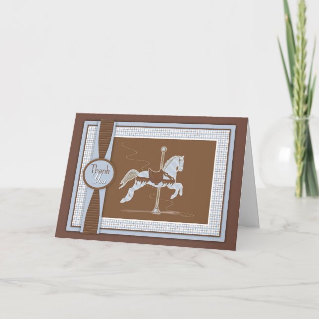 Blue Plaid Carousel Horse Thank You Card (Front)