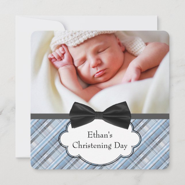 Blue Plaid Christening Invitation (Front)