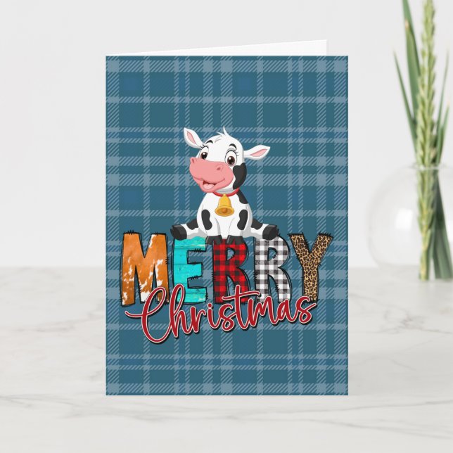 Blue Plaid Christmas Cow Holiday Card (Front)