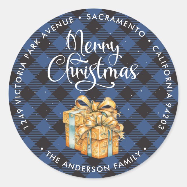 Blue Plaid Christmas Gifts Return Address Labels (Front)