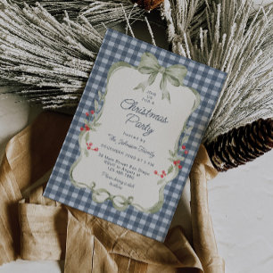 Blue Plaid Coquette Bow Wreath Christmas Party Invitation