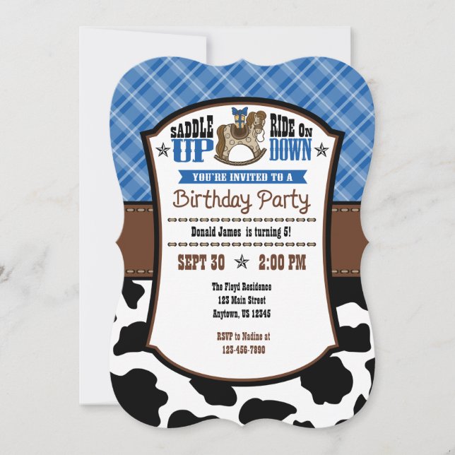 Blue Plaid Cowhide Cowboy Birthday Invite (Front)