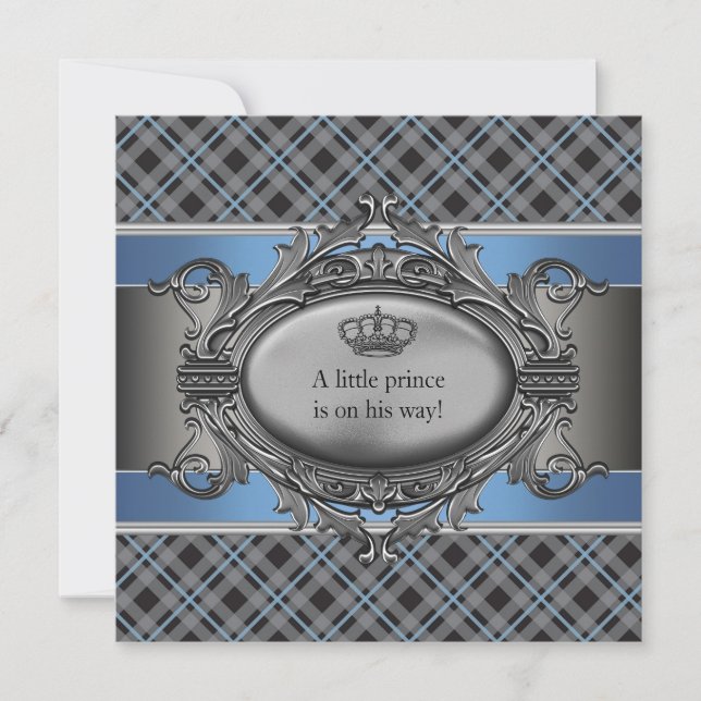 Blue Plaid Crown Little Prince Boy Baby Shower Invitation (Front)