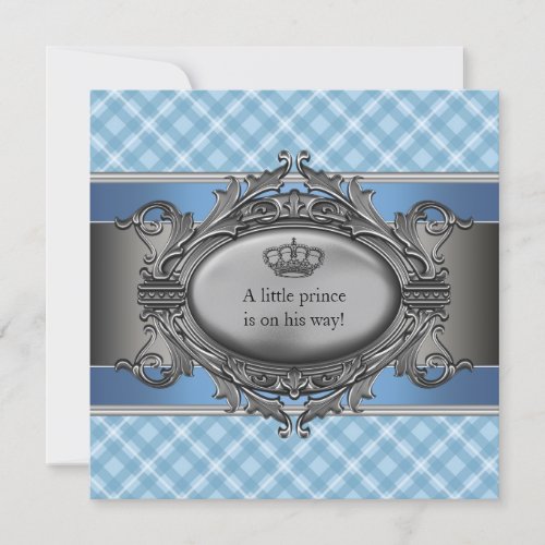 Blue Plaid Crown Little Prince Boy Baby Shower Announcements