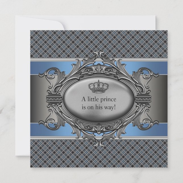 Blue Plaid Crown Little Prince Boy Baby Shower Invitation (Front)