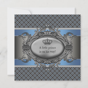 Blue Plaid Crown Little Prince Boy Baby Shower Invitation