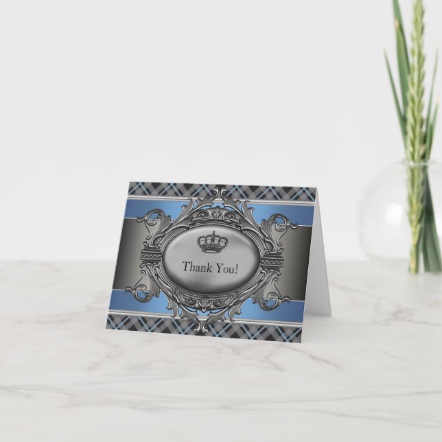 Blue Plaid Crown Little Prince Thank You Cards (Front)
