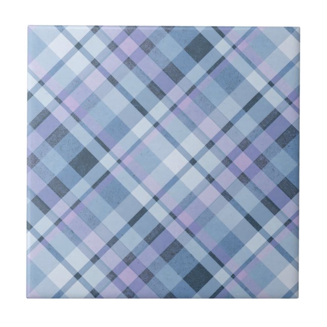 Blue Plaid distressed grungy blue tartan Ceramic Tile (Front)