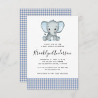 Blue Plaid Elephant Baby Shower Invitation