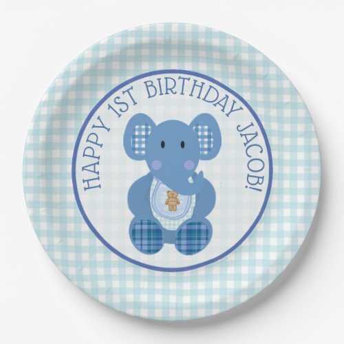 Blue Plaid Elephant Happy 1st Birthday  Plate