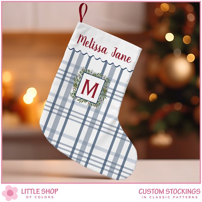 Blue Plaid Evergreen Wreath Monogram Small Christmas Stocking (Creator Uploaded)