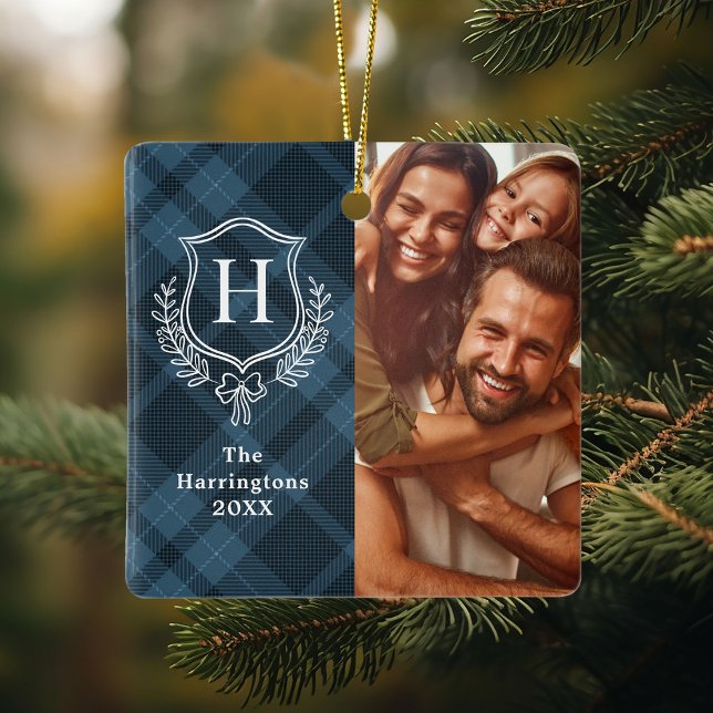 Blue Plaid Family Crest Photo Christmas Ceramic Ornament (Creator Uploaded)