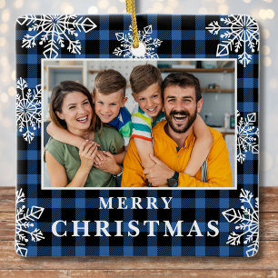 Blue Plaid Family Photo Snowflakes Christmas Ceramic Ornament