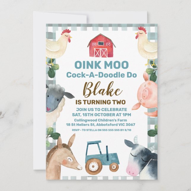 Blue Plaid Farm And Tractor Birthday Invitation (Front)