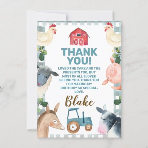Blue Plaid Farm And Tractor Thank You Card