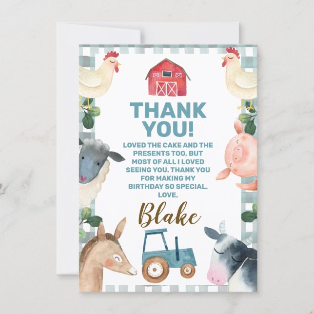 Blue Plaid Farm And Tractor Thank You Card (Front)