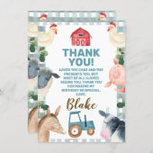 Blue Plaid Farm And Tractor Thank You Card (Front/Back)