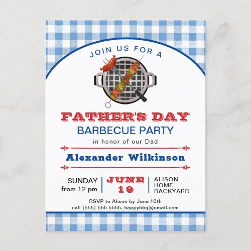 Blue Plaid Fathers Day Photo BBQ Invitation Postcard