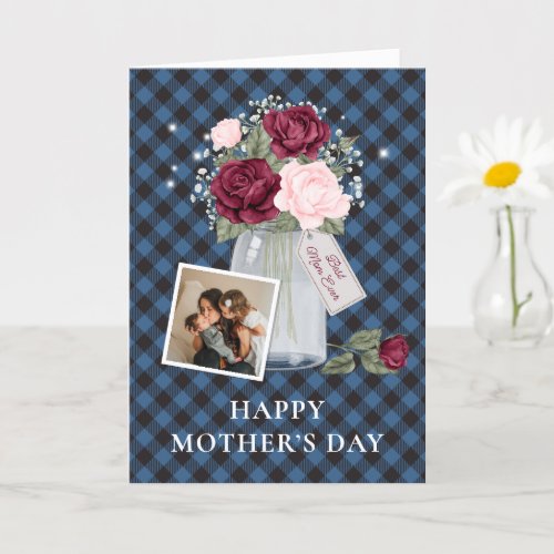 Blue Plaid Floral Photo Happy Mothers Day Card