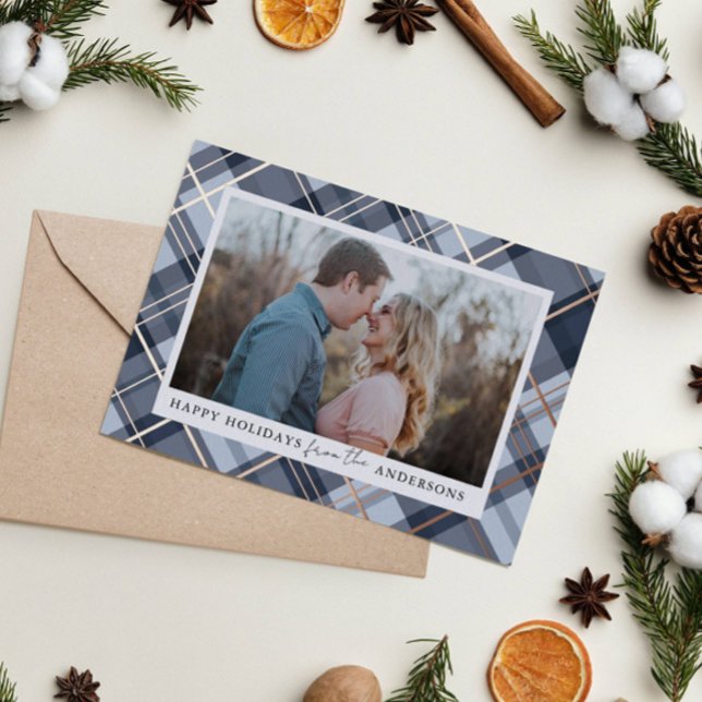 Blue Plaid Frame Christmas Real Foil Photo Foil Holiday Card (Creator Uploaded)
