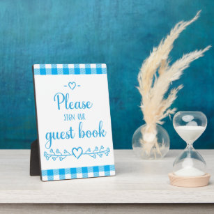 Blue Plaid Gingham Rustic Wedding  Guest Book Sign Plaque