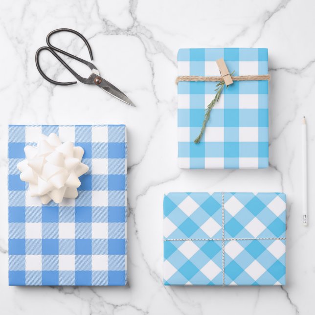 Blue Plaid Gingham Wrapping Paper Sheets (Front)