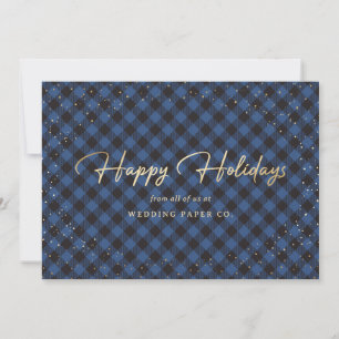 Blue Plaid Gold Snow Business Holiday Cards