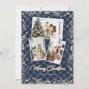 Blue Plaid Gold Snow Glitter Photo Christmas Cards