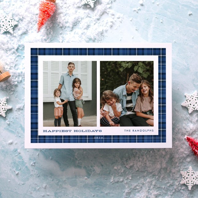 Blue Plaid Happiest Holidays Double Photo Holiday Card (Creator Uploaded)