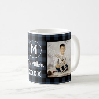 Blue Plaid Holiday Family Name 2 Photo Year Coffee Mug