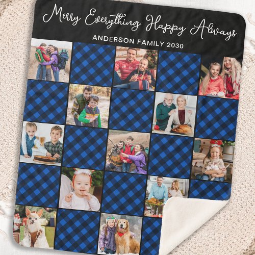 Blue Plaid Holiday Personalized 13 Photo Collage Sherpa Blanket