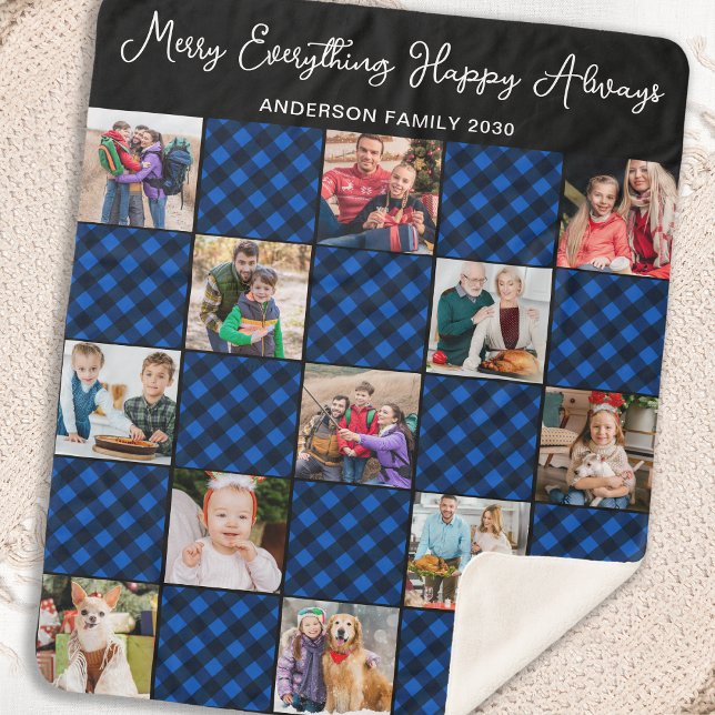 Blue Plaid Holiday Personalized 13 Photo Collage Sherpa Blanket (Creator Uploaded)