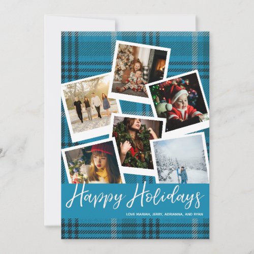 Blue Plaid Instant Multi Photo Happy Holidays Card