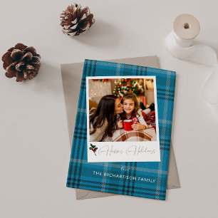 Blue Plaid Instant Photo Happy Holidays