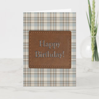 Blue Plaid Leather Patch Rustic Masculine Card