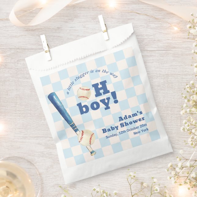 Blue Plaid Little Slugger Baseball Baby Shower  Favor Bag (Clipped)