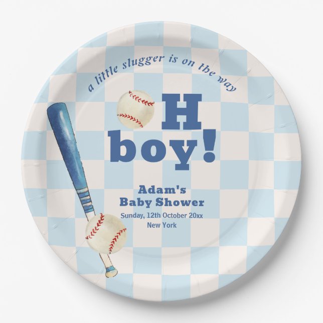 Blue Plaid Little Slugger Baseball Baby Shower  Paper Plates (Front)