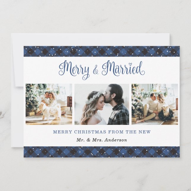 Blue Plaid Merry and Married Christmas Card (Front)