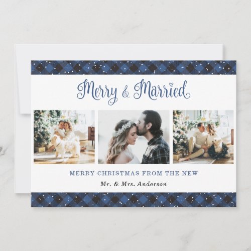 Blue Plaid Merry and Married Christmas Card