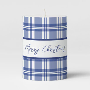 Blue Plaid Merry Christmas Pillar Candle