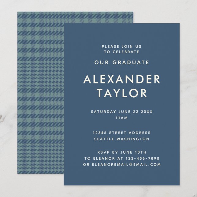 Blue Plaid Modern Boy Guy 2026 Graduation Party Invitation (Front/Back)