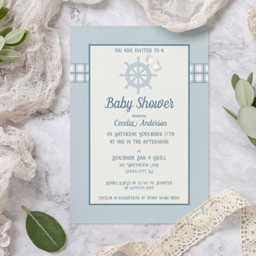 Blue Plaid Nautical Baby Boy Shower Invitation