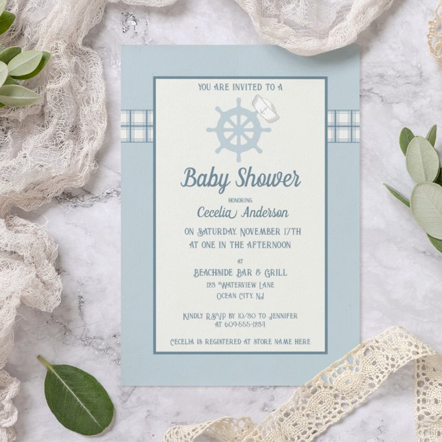 Blue Plaid Nautical Baby Boy Shower Invitation (Creator Uploaded)