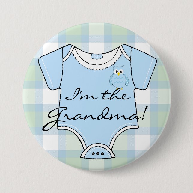 Blue Plaid Owl Baby Shower Grandma Button (Front)