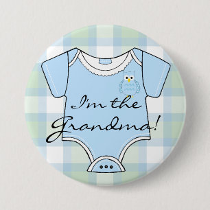 Blue Plaid Owl Baby Shower Grandma Button
