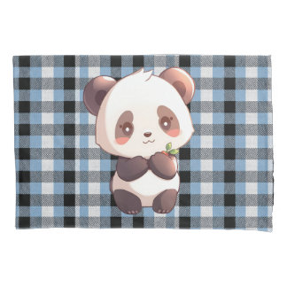 Blue Plaid Panda Pillow Case