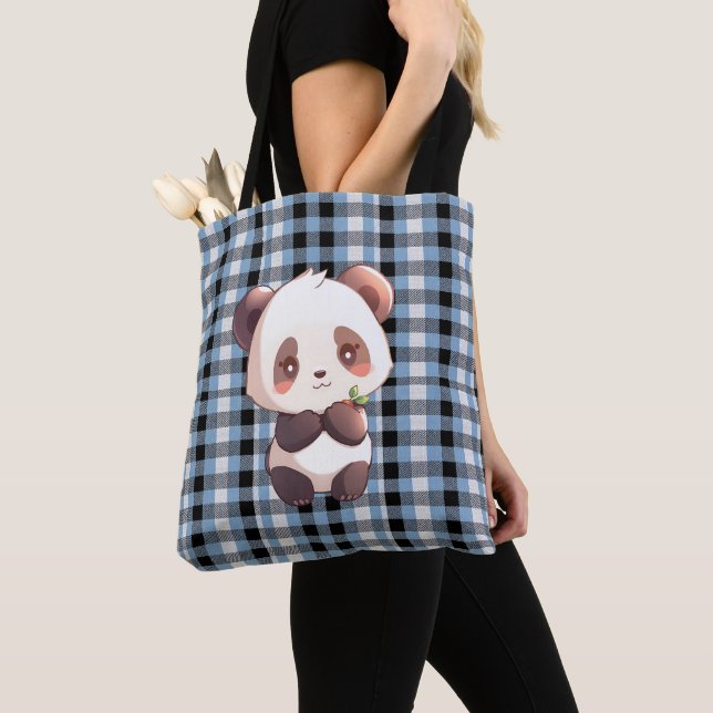 Blue Plaid Panda Tote Bag (Close Up)