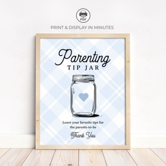 Blue Plaid Parenting Tip Jar Sign Baby Shower (Creator Uploaded)